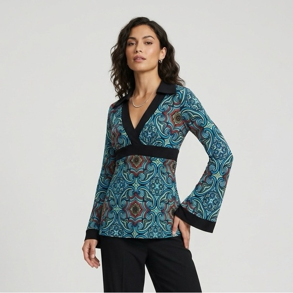 Bisou Bisou Tops - Vtg 70s Bisou Bisou Psychedelic Geometric Empire Waist Bell Sleeve Top Size L